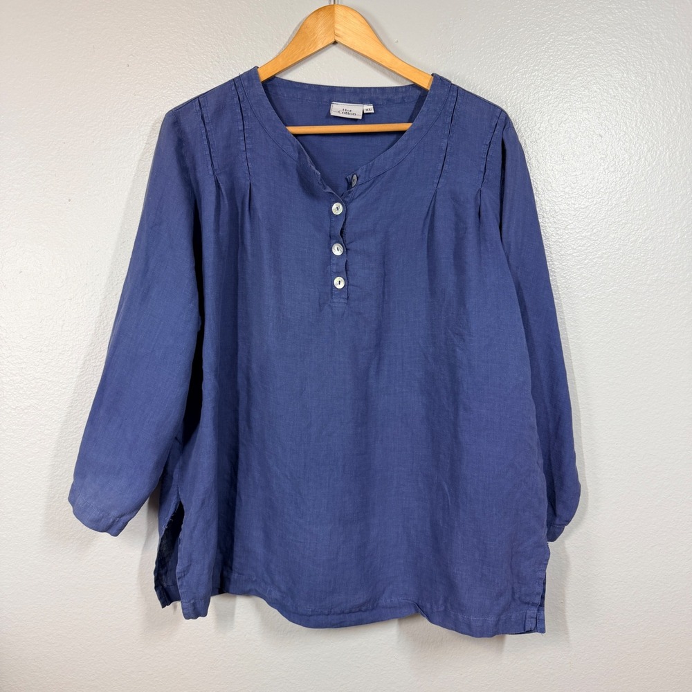 Hot Cotton Top Women XL Blue Linen Henley Long Slv Lagenlook Made In USA